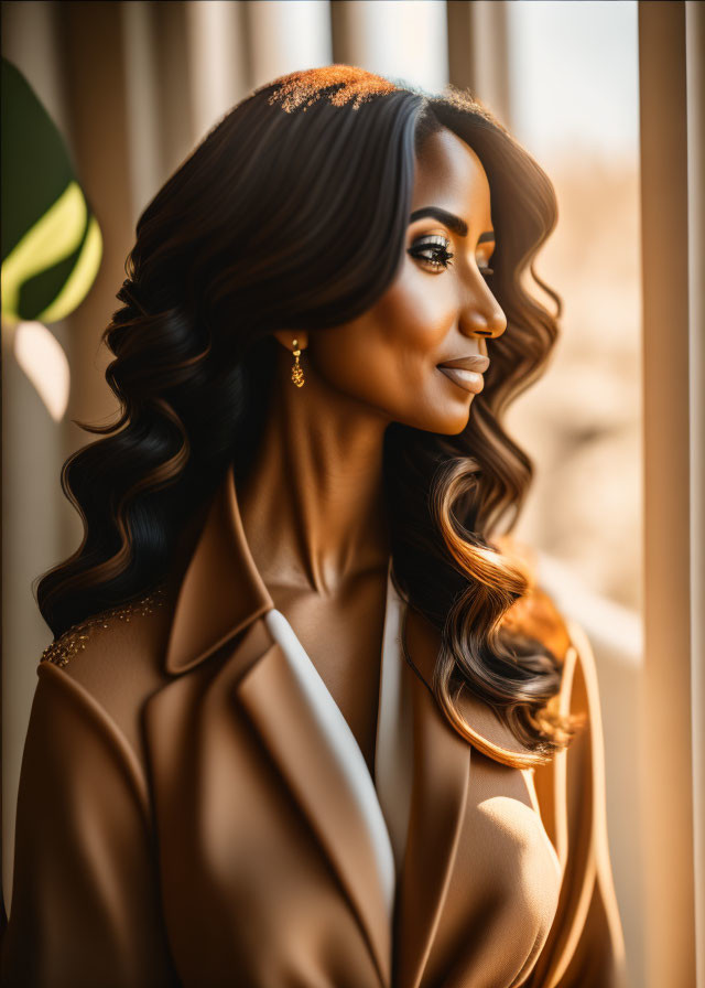 Woman with Wavy Hair and Earrings in Golden Hour Light wearing Beige Blazer