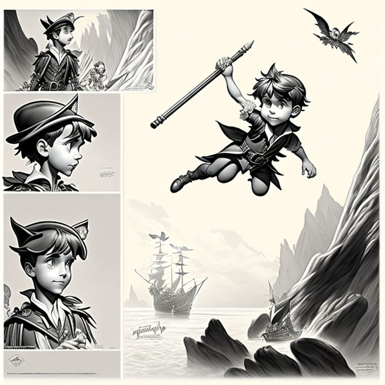 Monochromatic artwork featuring Peter Pan-inspired boy in flight with pirate ship and crocodile scenes.