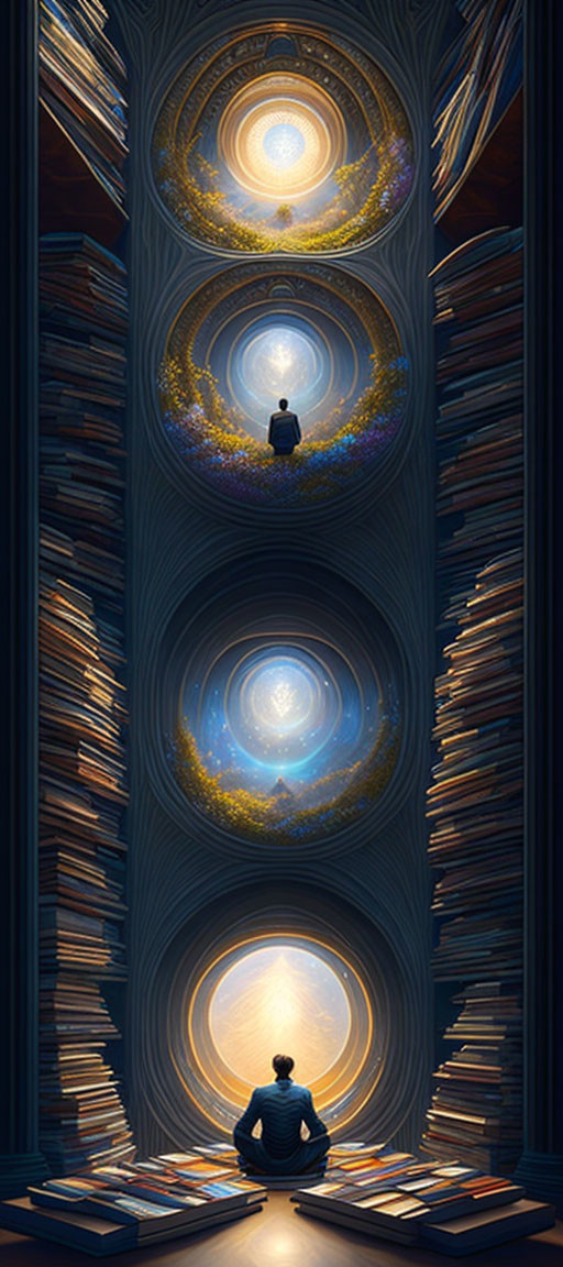 Surreal image: Person meditating by stack of books with glowing portals