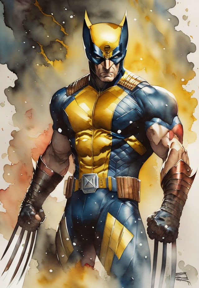 Muscular superhero in blue and yellow costume with claws and mask