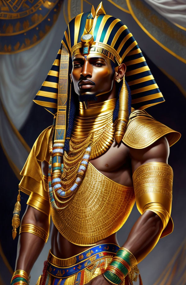 Stylized digital art of ancient Egyptian pharaoh in golden armor