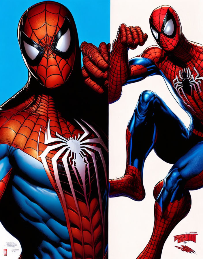 Split Spider-Man image: intense close-up eyes on left, action pose with web-shooting hand on