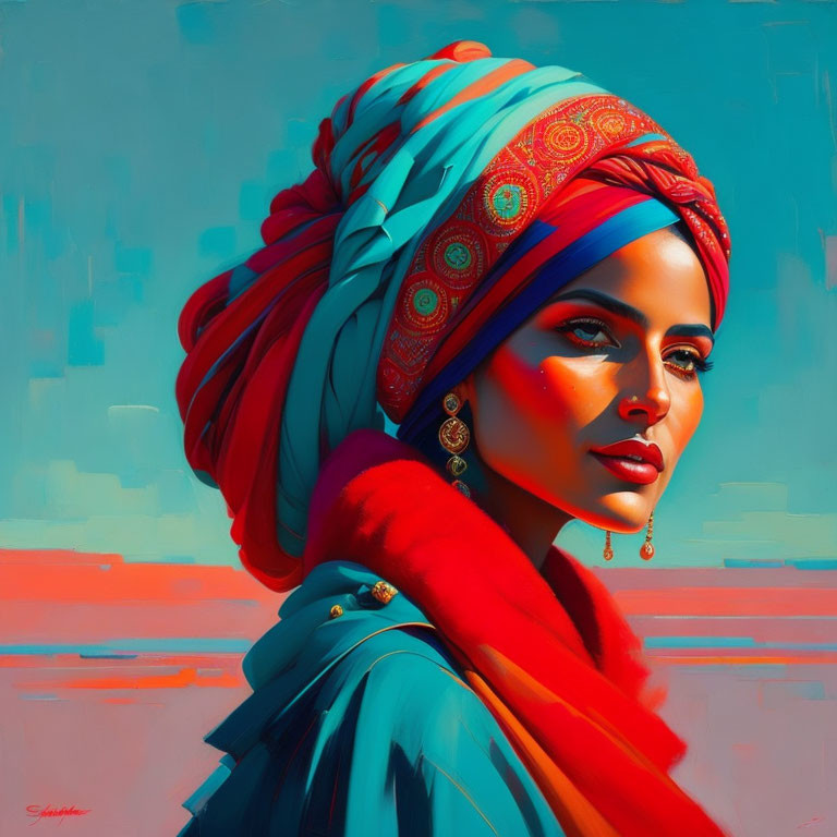 Vibrant digital portrait of woman with blue and red headscarf and green eyes