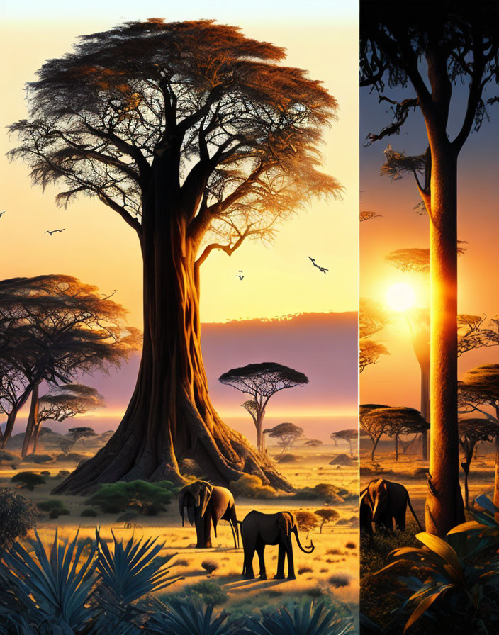 Majestic African savanna sunset with baobab trees, elephants, and flying birds