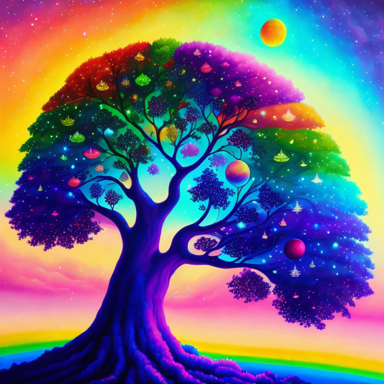 Colorful Fantasy Tree Against Starry Sky with Orange Planet