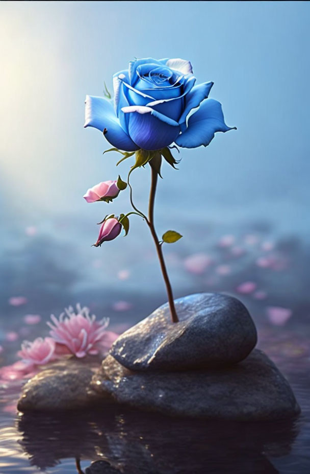 Vibrant blue rose on smooth stone surrounded by water and pink petals, soft-focus background