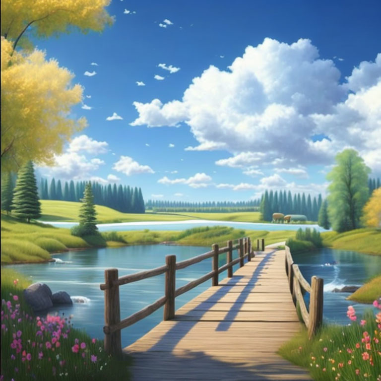 Tranquil landscape with wooden bridge, river, greenery, flowers, trees, blue sky