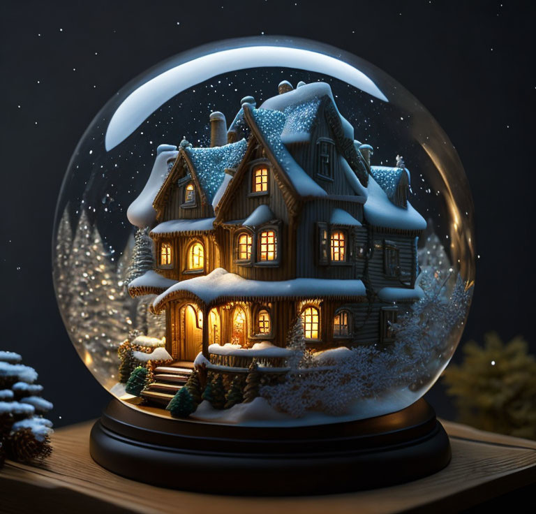 Miniature Snow-Covered House in Glowing Snow Globe on Night Sky Background