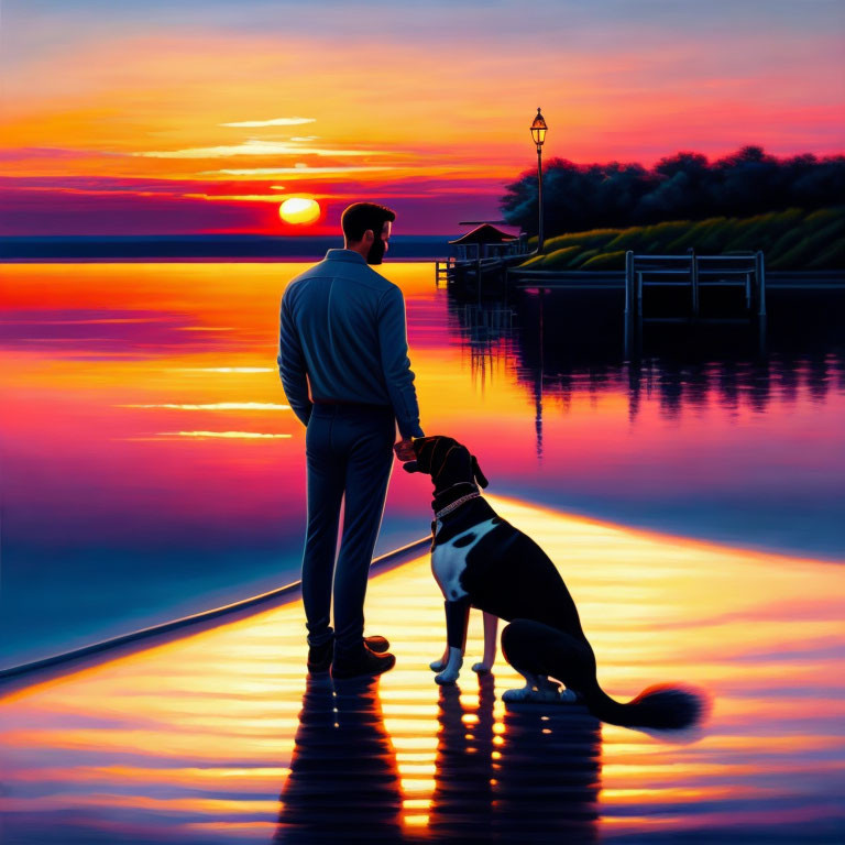 Man and dog admire sunset over lake with boathouse and trees.