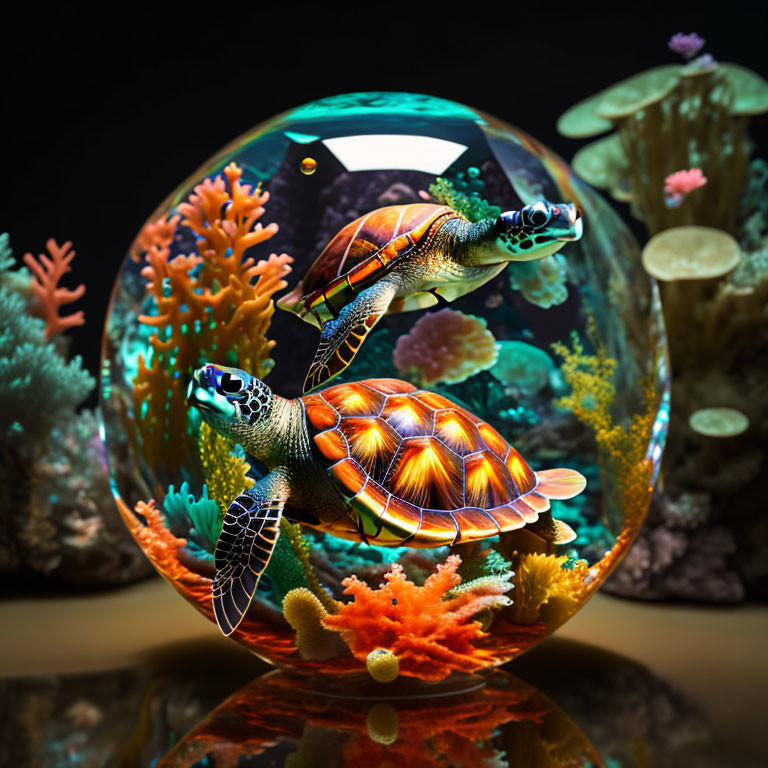 Colorful Coral Reefs with Sea Turtles in Spherical Aquarium