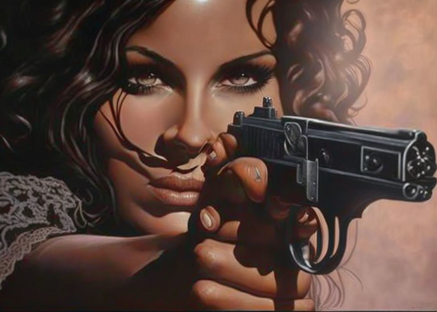 Dark-haired woman with smoky eye makeup aiming a pistol.