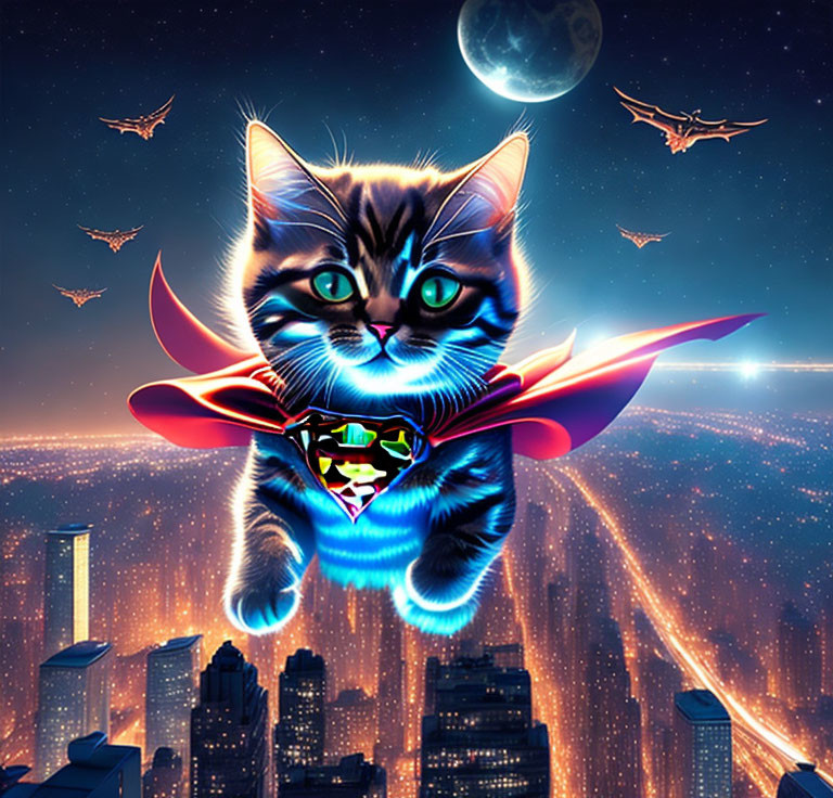 Whimsical kitten with oversized eyes in superhero costume surfing above city at night