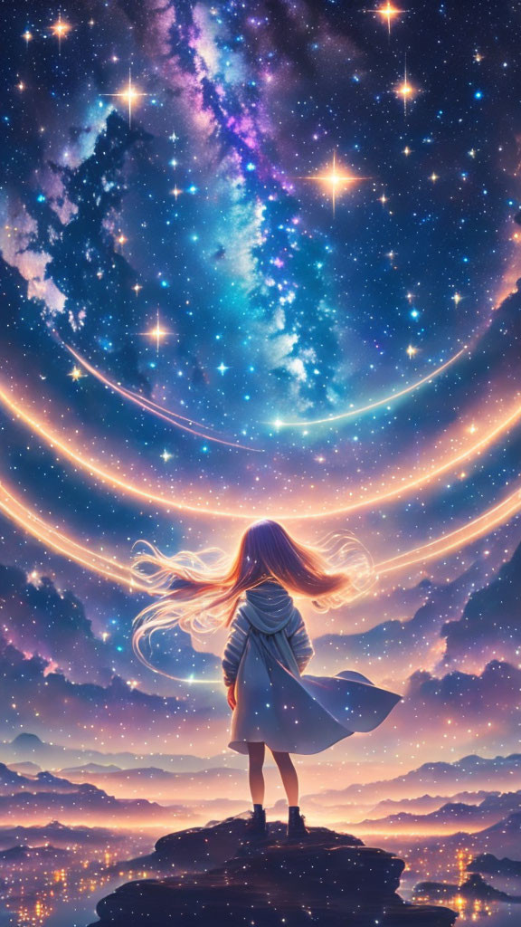 Girl on rock gazes at vibrant cosmic sky with swirling stars and nebulae