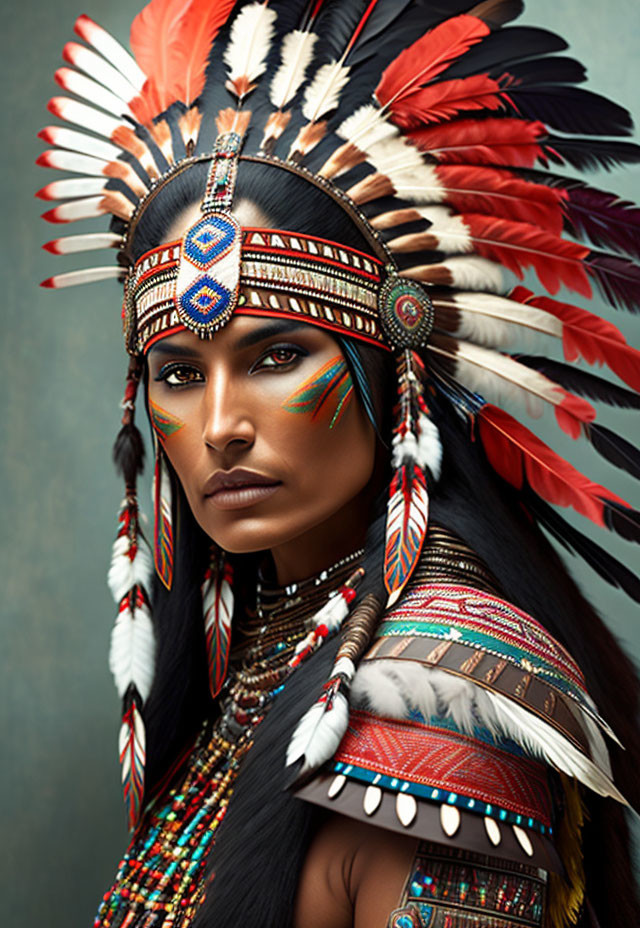 Colorful Native American headdress with feathers and beadwork.