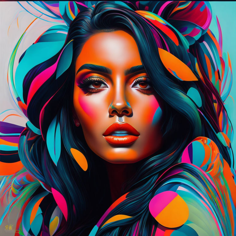 Colorful digital artwork: Woman with vibrant hair and feathers