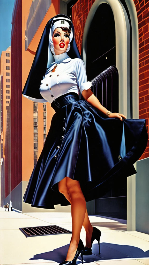 Stylized woman in nun attire with nurse's cap, blue skirt, and high heels in urban