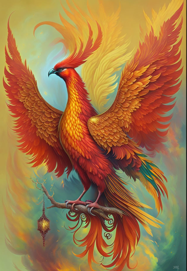 Colorful Phoenix Illustration with Spread Wings on Branch