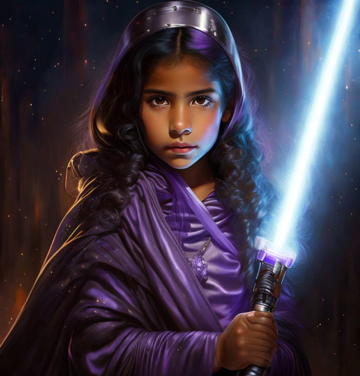 Dark-haired girl in purple cloak wields blue lightsaber under starry sky