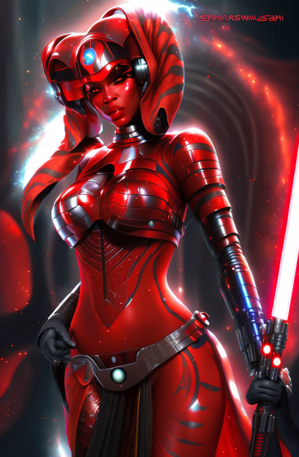 Futuristic female warrior in red armor with lightsaber salute