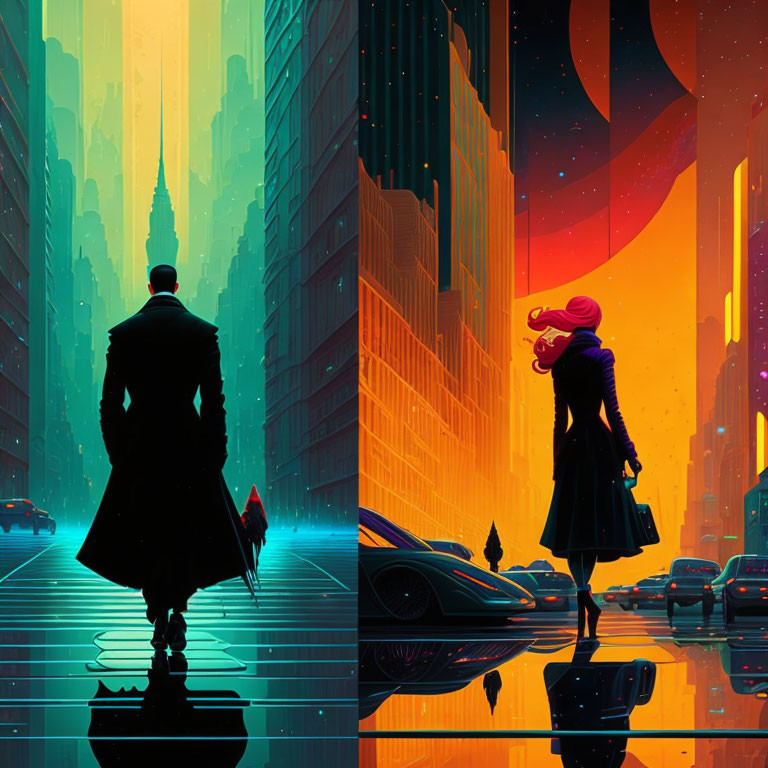 Split image contrasts man and woman in futuristic cityscapes with vibrant hues.