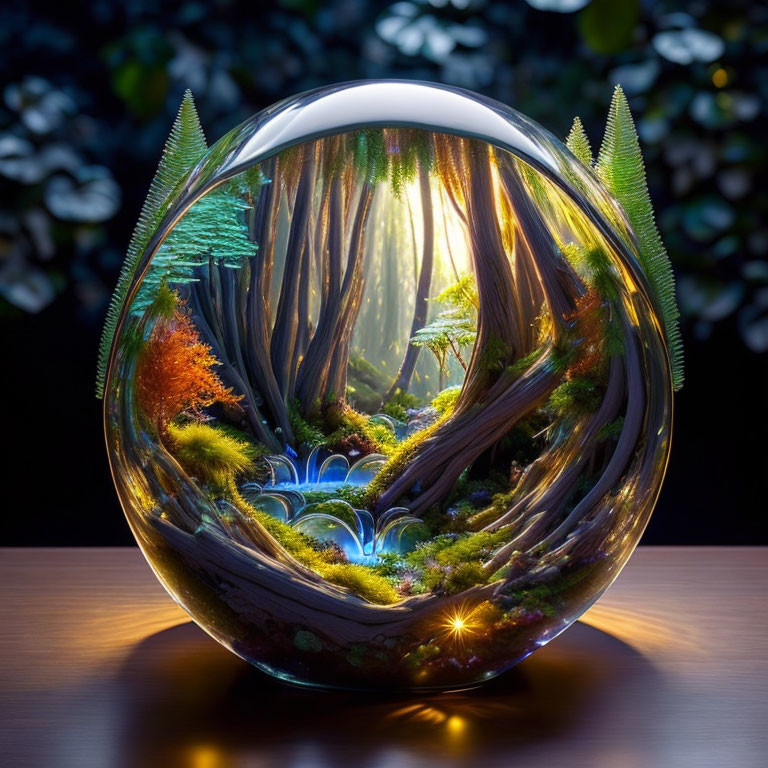 Vibrant forest scene in glossy sphere with sunlight filtering through trees