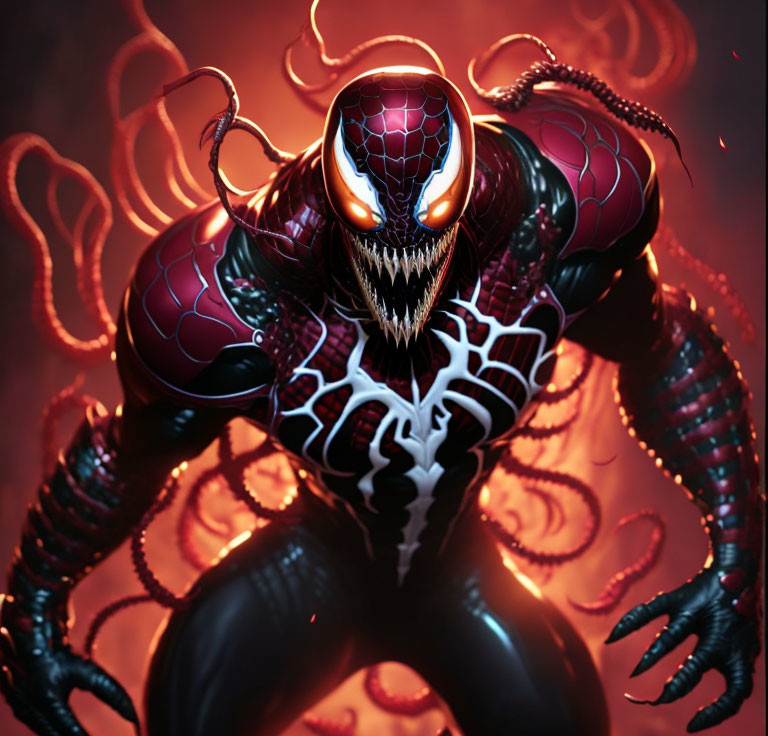 Detailed Venom illustration with spider design, sharp teeth, white eyes, and tendrils