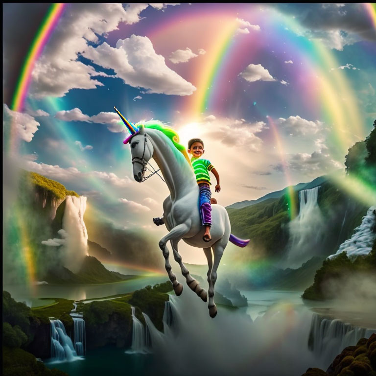 Child riding majestic unicorn under vibrant rainbows and waterfalls