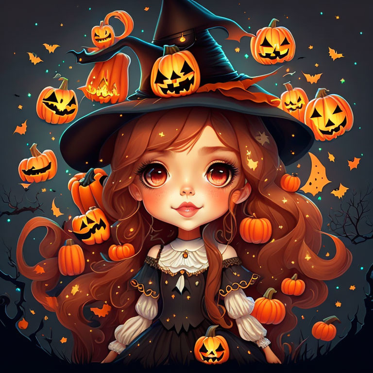 Whimsical girl in witch costume with jack-o'-lanterns under starry sky