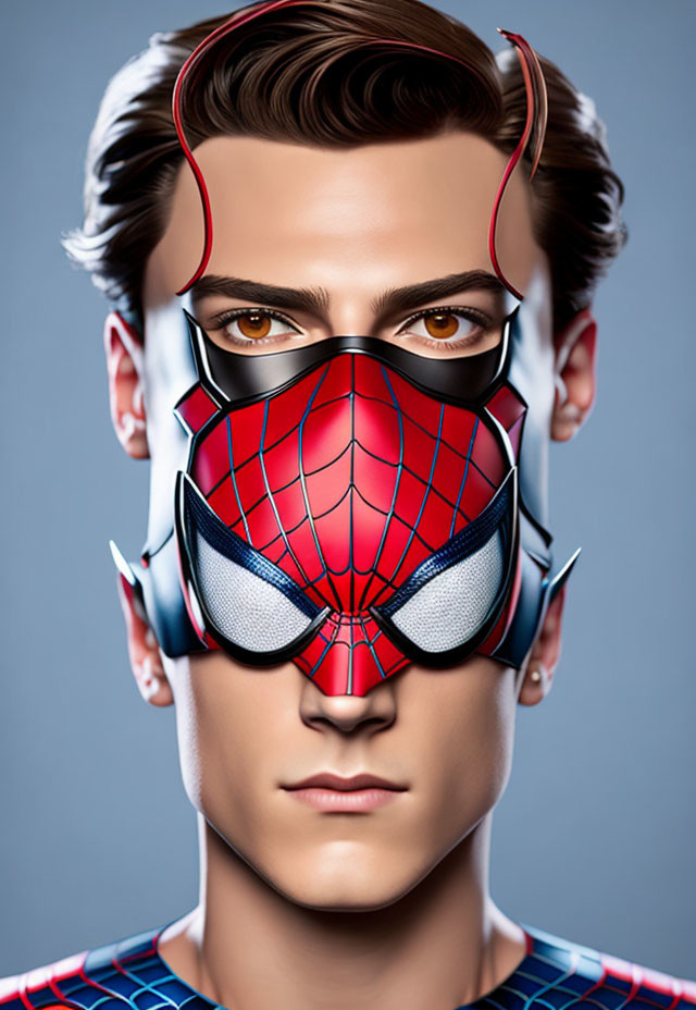 Man's face merged with Spider-Man's mask on blue background