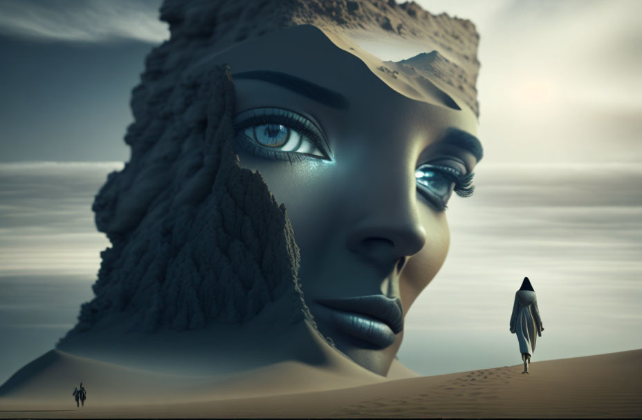 Surreal image of colossal female face merging with desert landscape