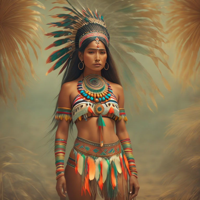 Native American woman in elaborate headdress and traditional attire against neutral background