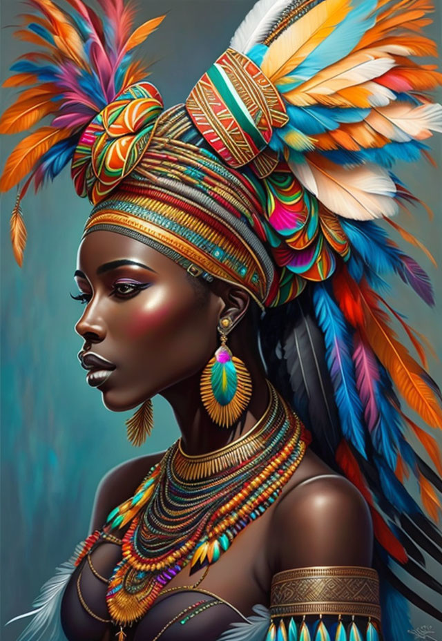 Colorful African Woman Artwork with Tribal Headgear and Feathers