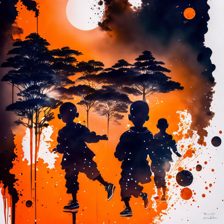 Silhouetted figures walking in forest with orange and black splattered backdrop