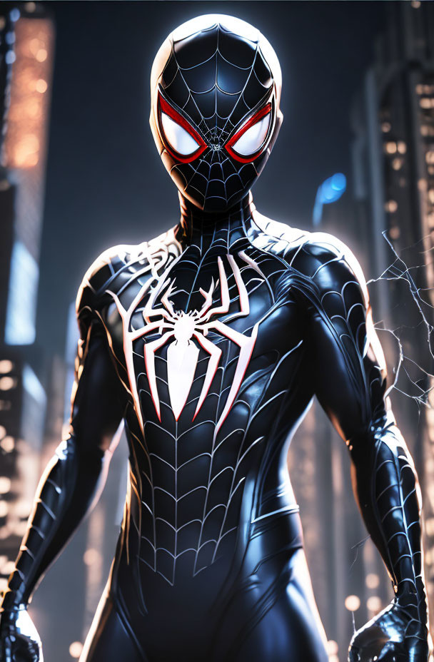 Person in Black and Red Spider Suit Stands in Night Cityscape