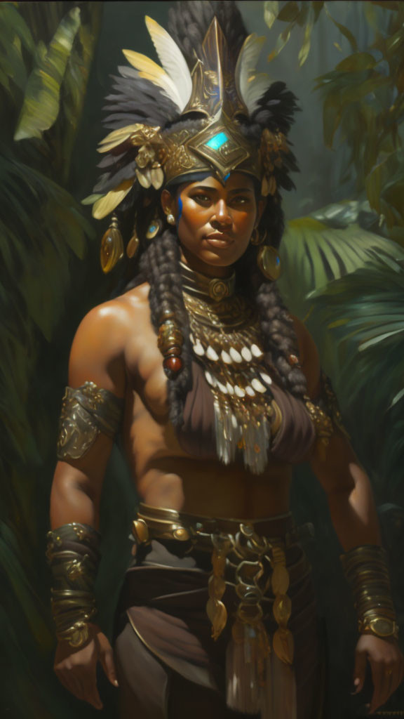 Warrior in tribal attire with feathered headdress and jewelry