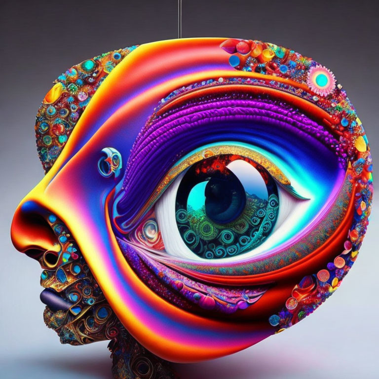 Colorful Abstract Digital Art: Vibrant Face with Detailed Eye & Psychedelic Patterns