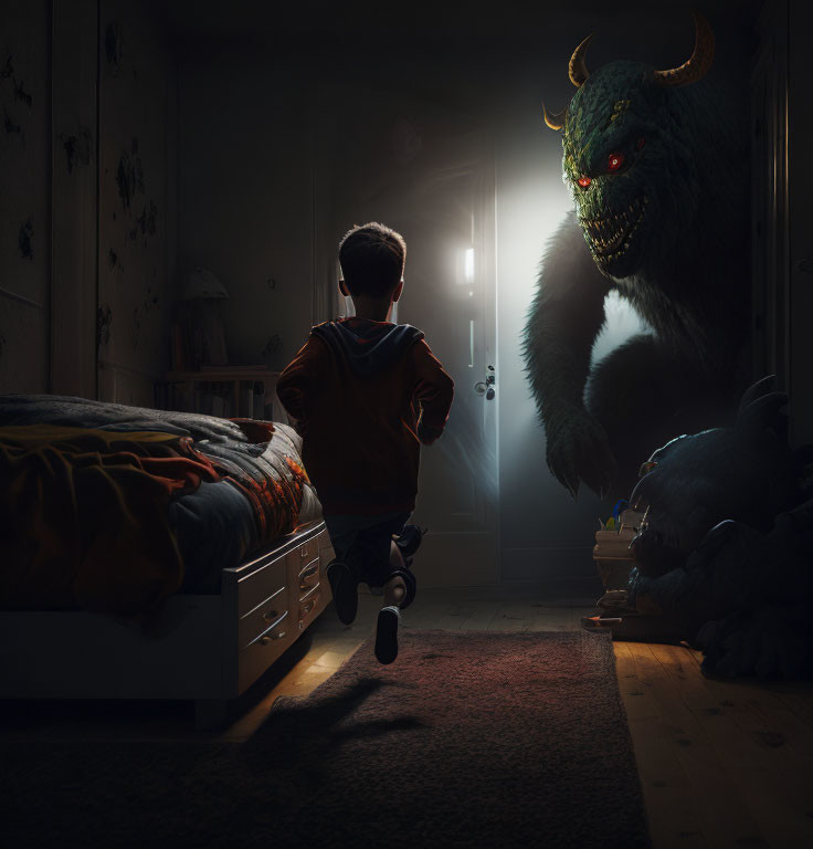 Young boy in pajamas confronts menacing monster in dark room