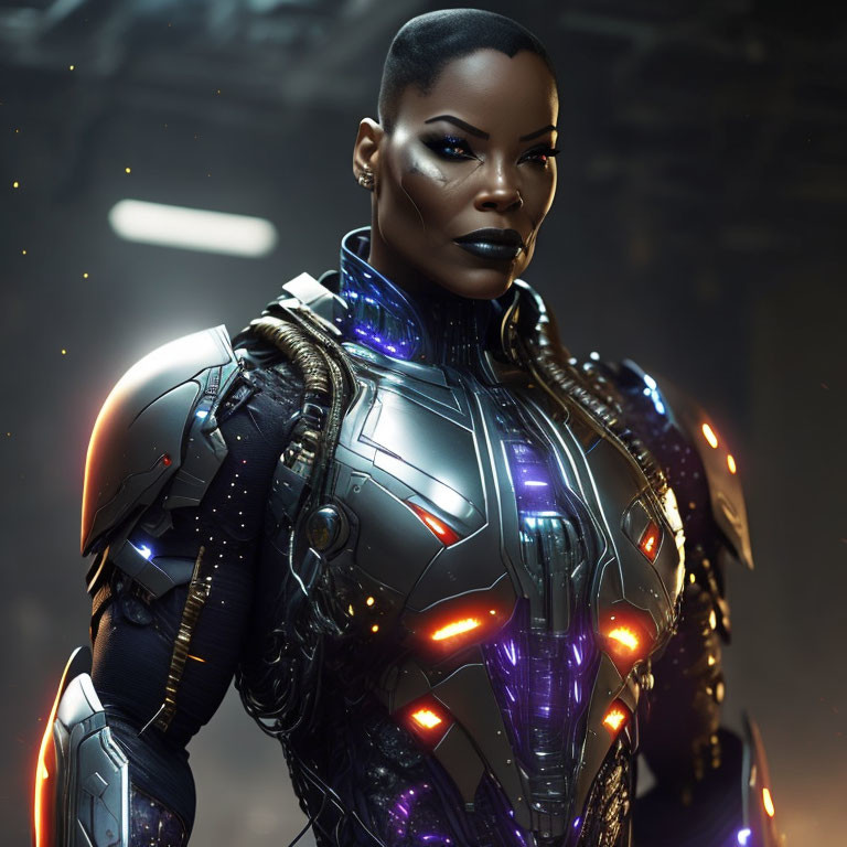 Shaved head female in futuristic armor with purple accents in confident pose