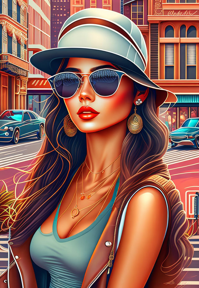 Digital artwork: Woman with red lipstick, sunglasses, hat, tank top, in city street scene