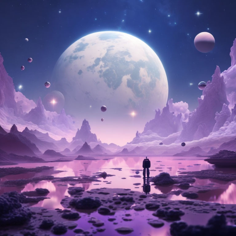 Person standing on pink alien shore under twilight sky with moons and planets.