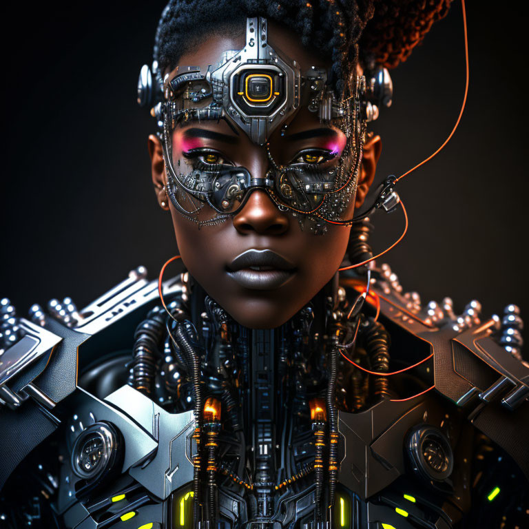 Futuristic African woman with techno-organic headgear and armor