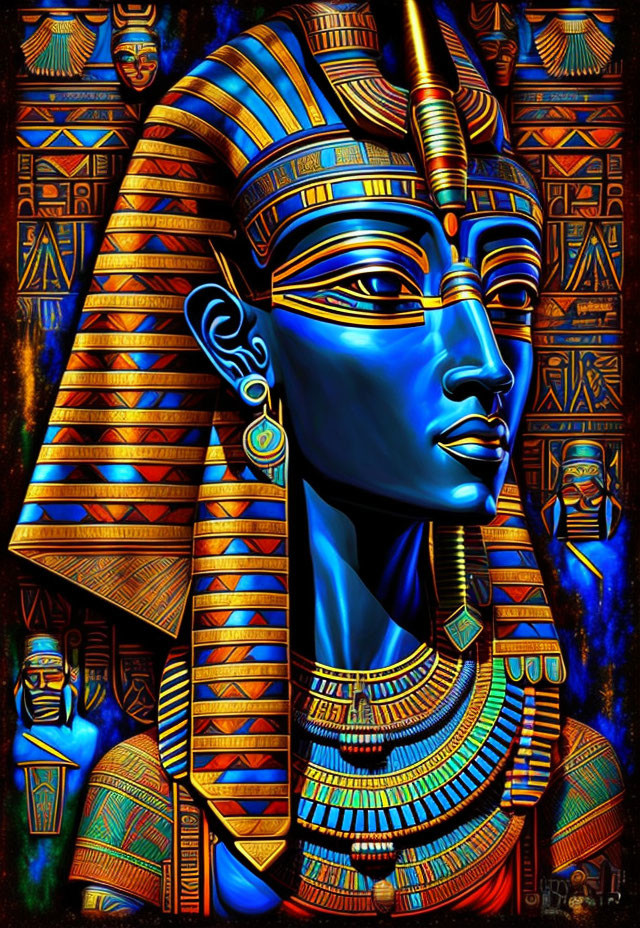 Vibrant depiction of ancient Egyptian pharaoh with intricate headdress on hieroglyphic background