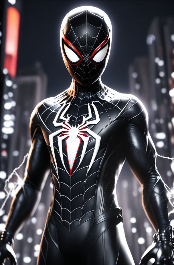 Confident individual in black and white Spider-Man costume against city lights