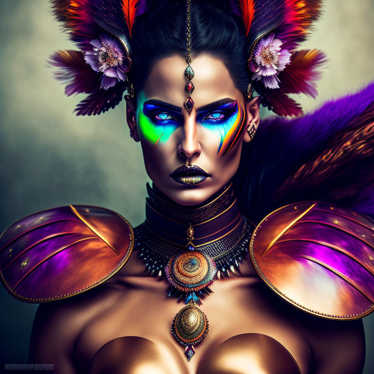 Woman with vibrant makeup, feathered hair, metallic and purple costume, exuding fierce tribal aesthetic