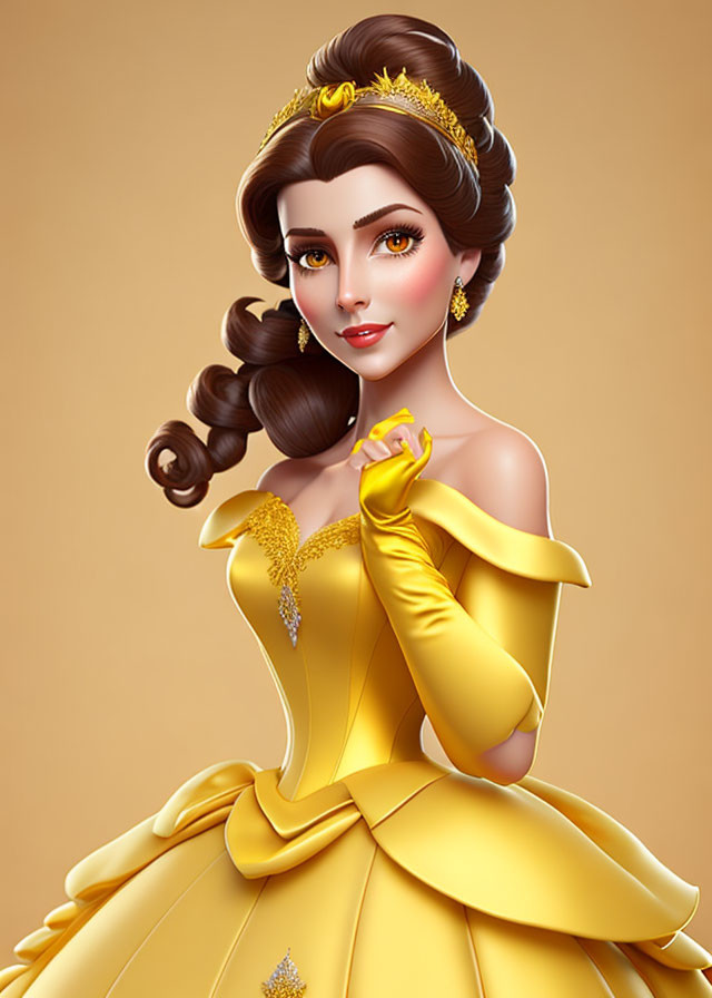 Princess with Brown Hair in Golden Ball Gown