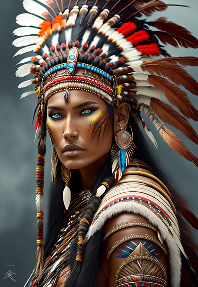 Portrait of a person in elaborate feather headdress and face paint