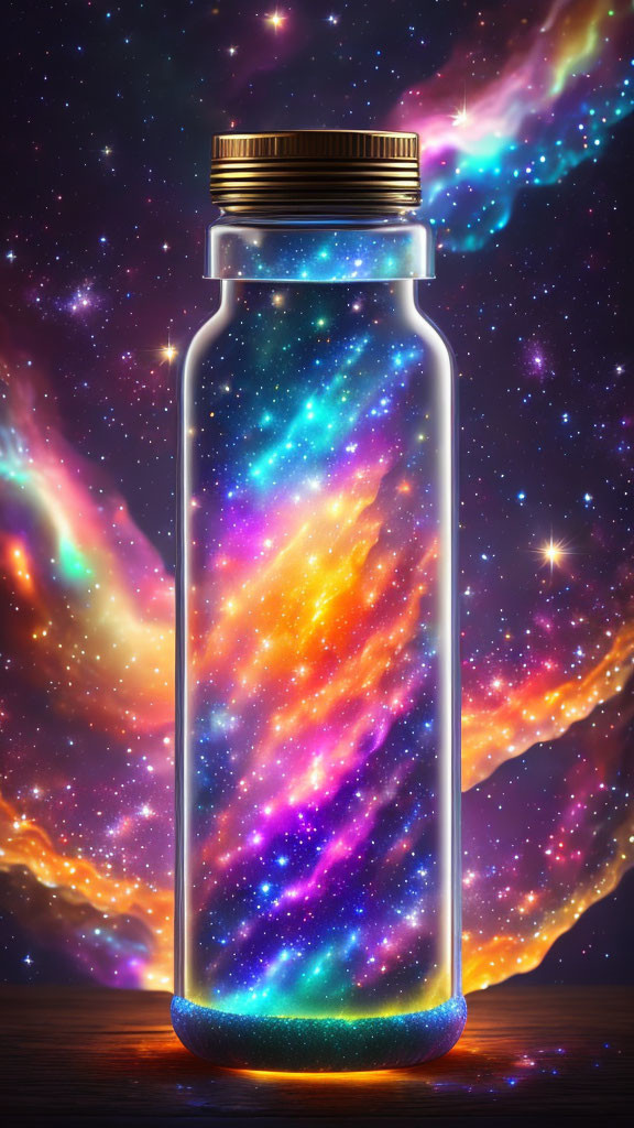 Colorful cosmic galaxy in glass bottle on starry space background