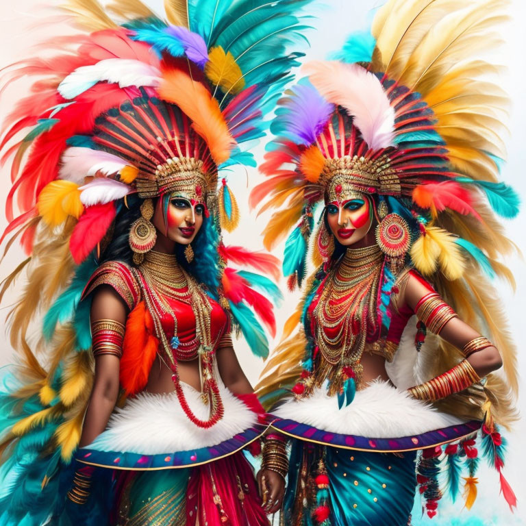 Colorful individuals in feathered headdresses and traditional costumes posing together