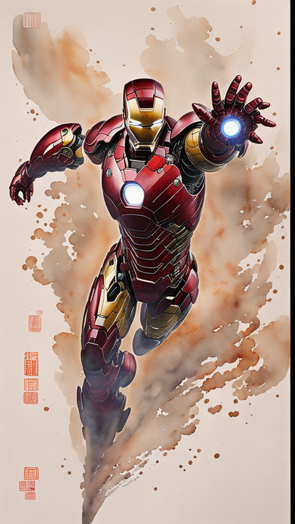 Dynamic Iron Man illustration with repulsor blast and jets, set against stylized Asian background.