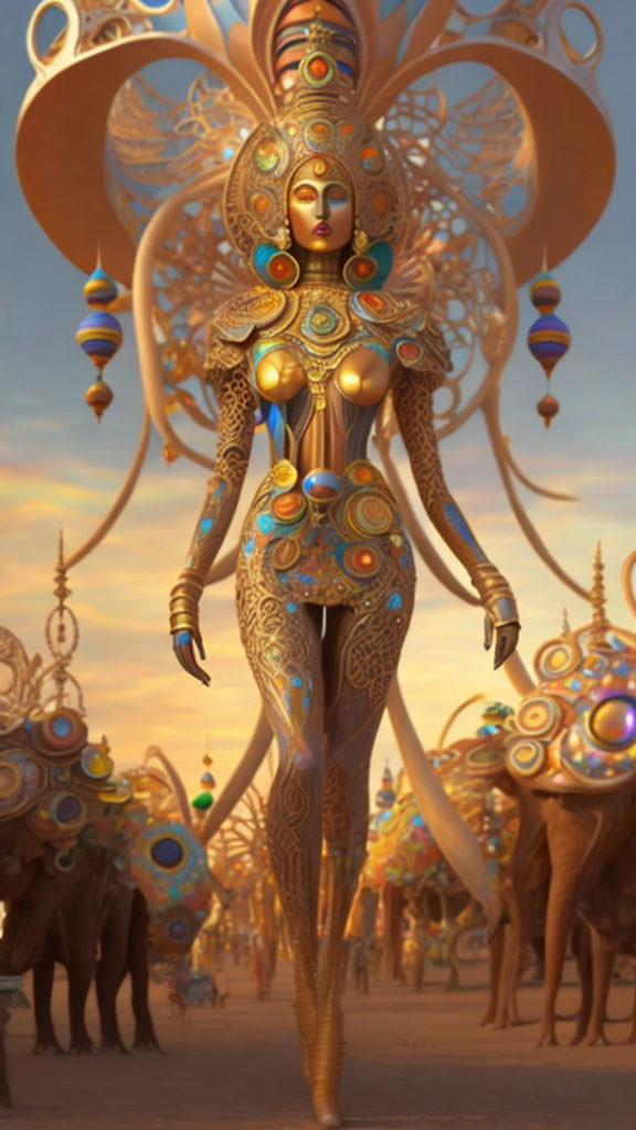 Golden humanoid with intricate headgear in desert with camel-like creatures